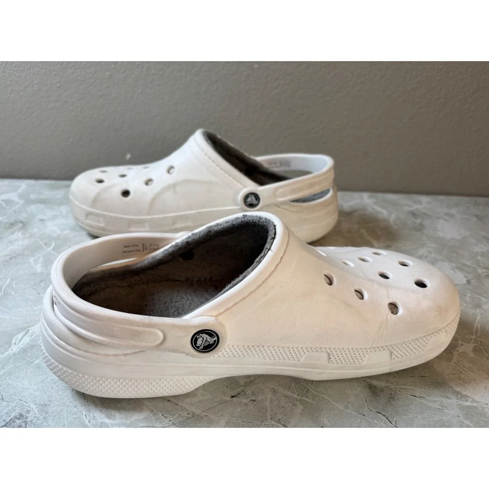 Crocs Baya Lined Clogs Mens Size 9 White Grey Fleece Insulated Slip On Shoes